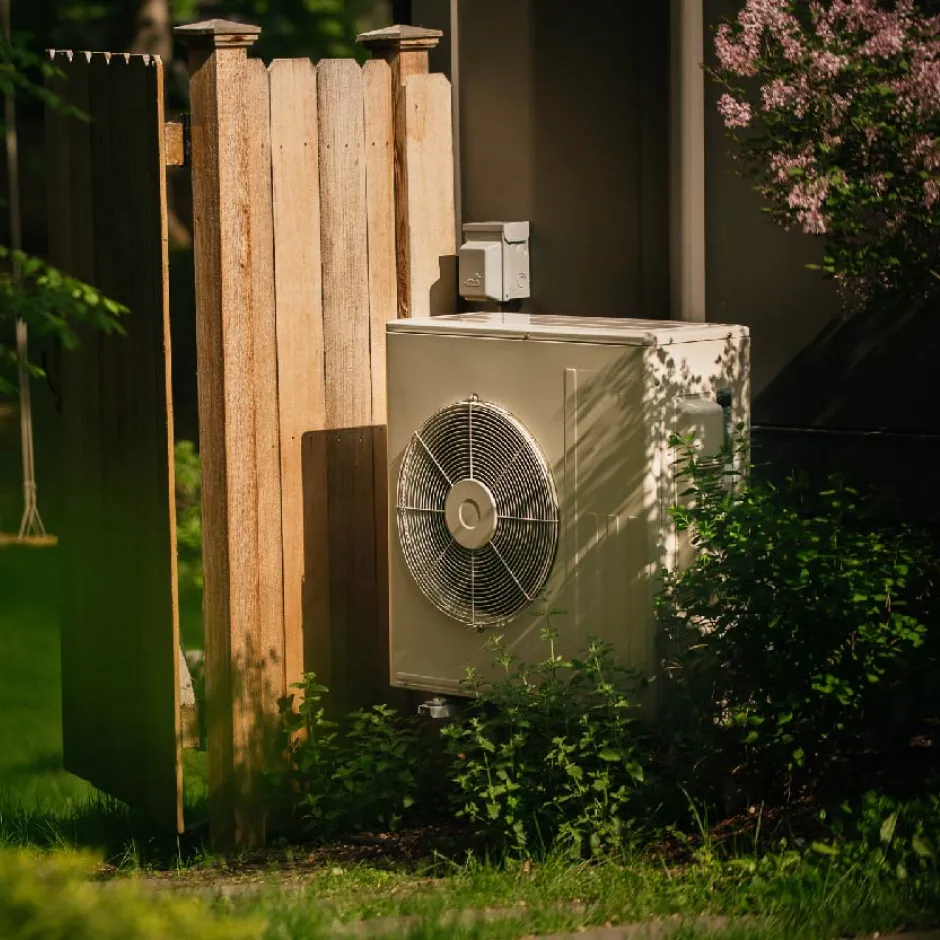 Heat pump installed outside of home with lush gardens