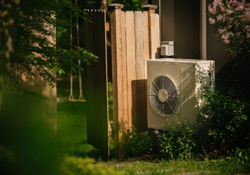 Heat pump installed outside of home with lush gardens