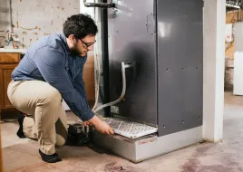 A HVAC technician performing maintenance on a air handler all electric heat pump.